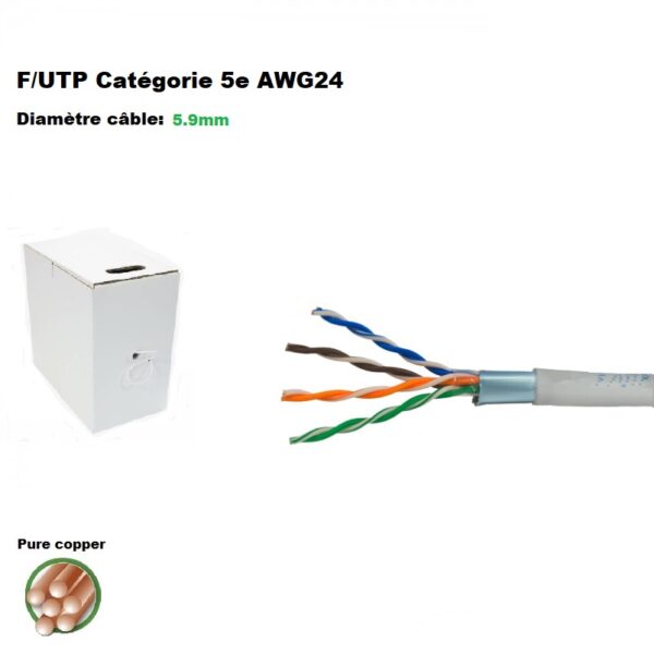 Câble ethernet F/UTP Cat. 5e (LSOH) full pur cuivre AWG24 choix 10M à 305M