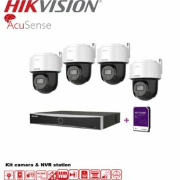 Hikvision Kit videosurveillance, Station NVR 4CH AcuSense, 4x Camera 4MP motorisée, WD HDD 4TB