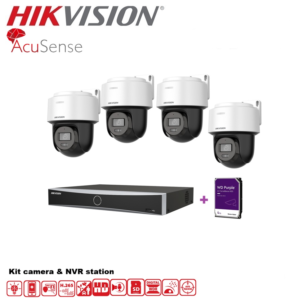 Hikvision videobewakingskit, 4CH AcuSense NVR recorder, 4x gemotoriseerde 4MP camera, WD HDD 4TB